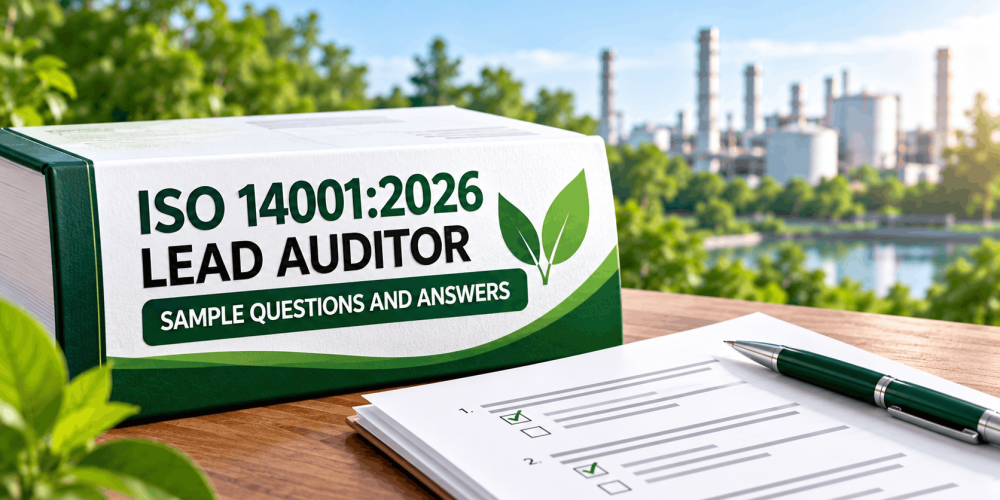 ISO 14001:2026 EMS Lead Auditor sample questions and answers featuring a green-and-white study guide, practice answer sheets and an environmental management background