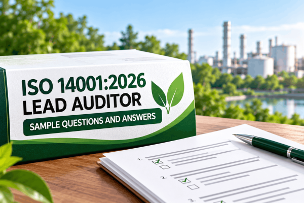 ISO 14001:2026 EMS Lead Auditor sample questions and answers featuring a green-and-white study guide, practice answer sheets and an environmental management background