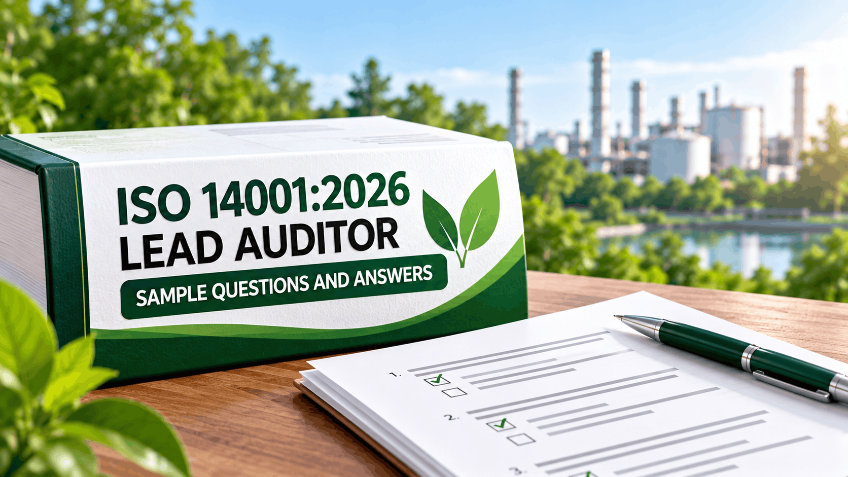 ISO 14001:2026 EMS Lead Auditor sample questions and answers featuring a green-and-white study guide, practice answer sheets and an environmental management background