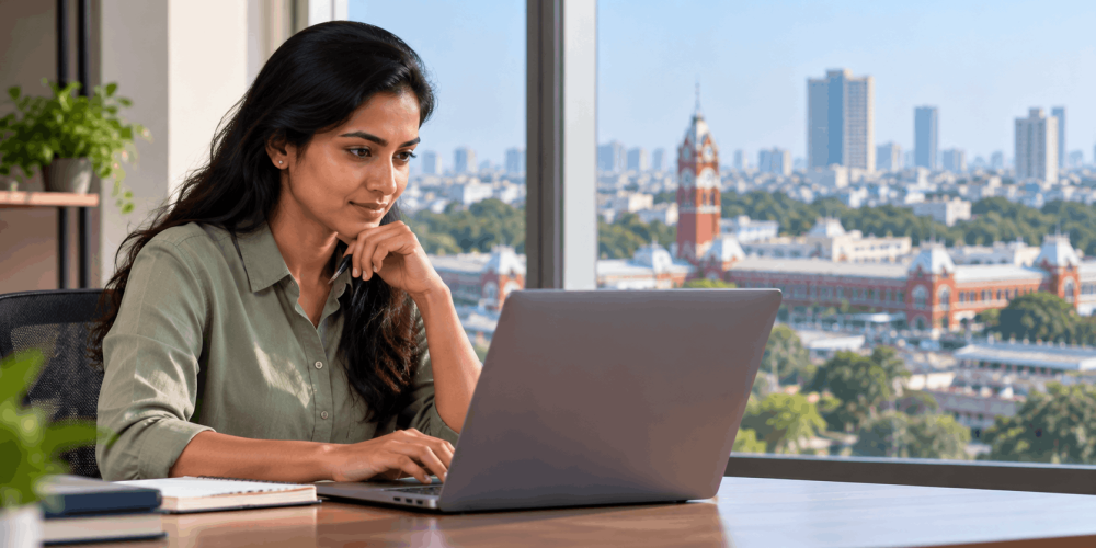 Working professional attending ISO 14001:2026 Lead Auditor training online with the Chennai cityscape in the background