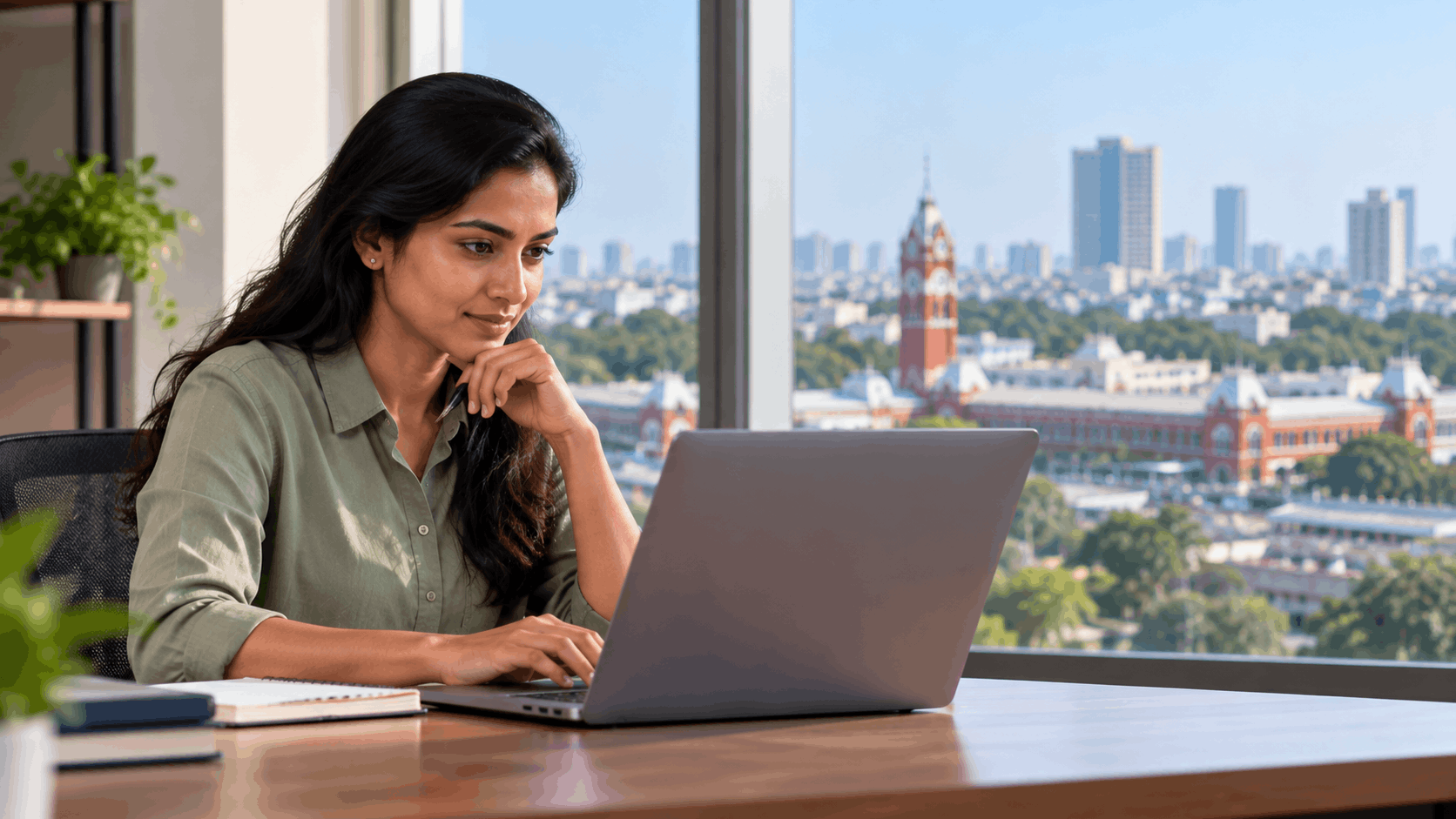 Working professional attending ISO 14001:2026 Lead Auditor training online with the Chennai cityscape in the background
