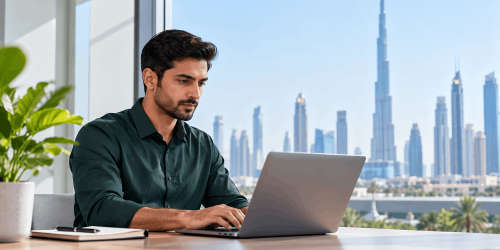Professional attending live online ISO 14001:2026 Lead Auditor training with the Dubai skyline in the background