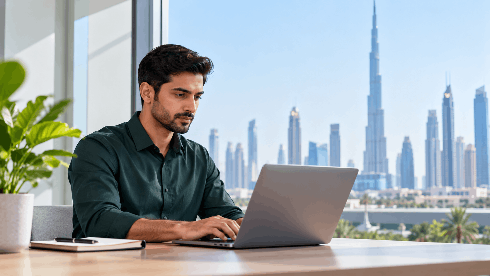 Professional attending live online ISO 14001:2026 Lead Auditor training with the Dubai skyline in the background