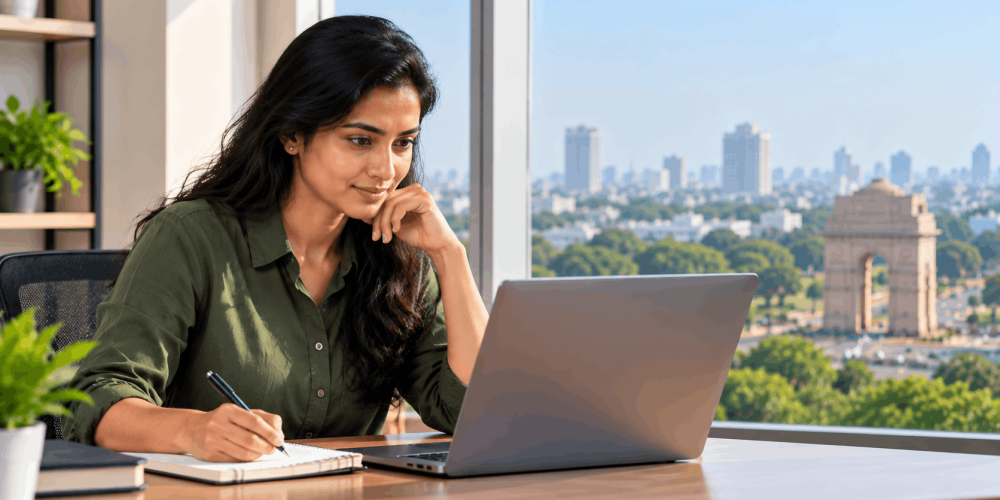 Indian professional attending live online ISO 14001:2026 Lead Auditor training with a laptop and India cityscape in the background