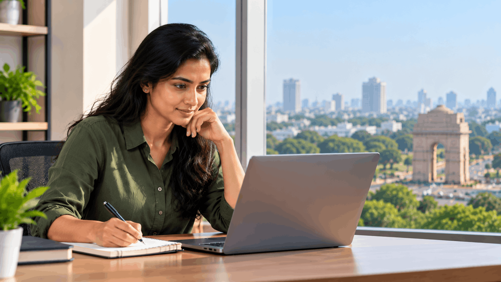 Indian professional attending live online ISO 14001:2026 Lead Auditor training with a laptop and India cityscape in the background