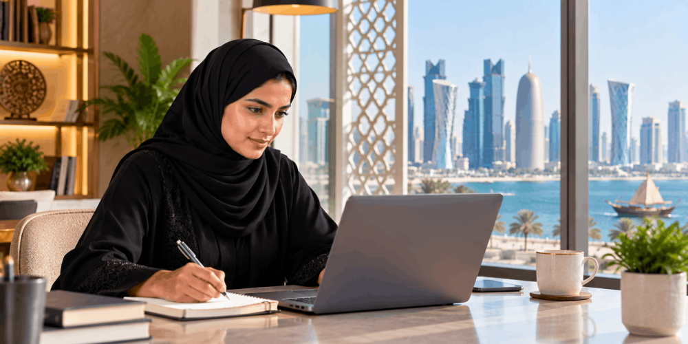 Professional attending live online ISO 14001:2026 Lead Auditor training with a laptop and Doha skyline in the background