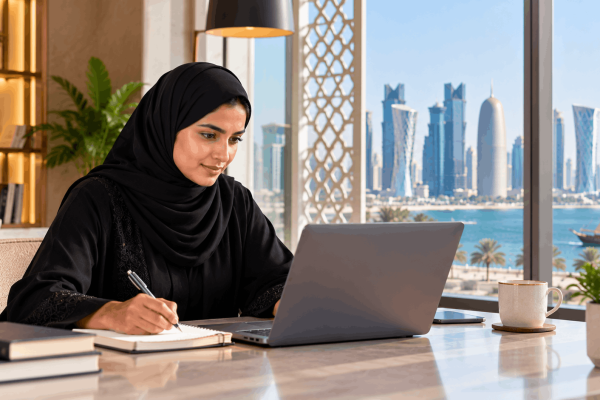 Professional attending live online ISO 14001:2026 Lead Auditor training with a laptop and Doha skyline in the background
