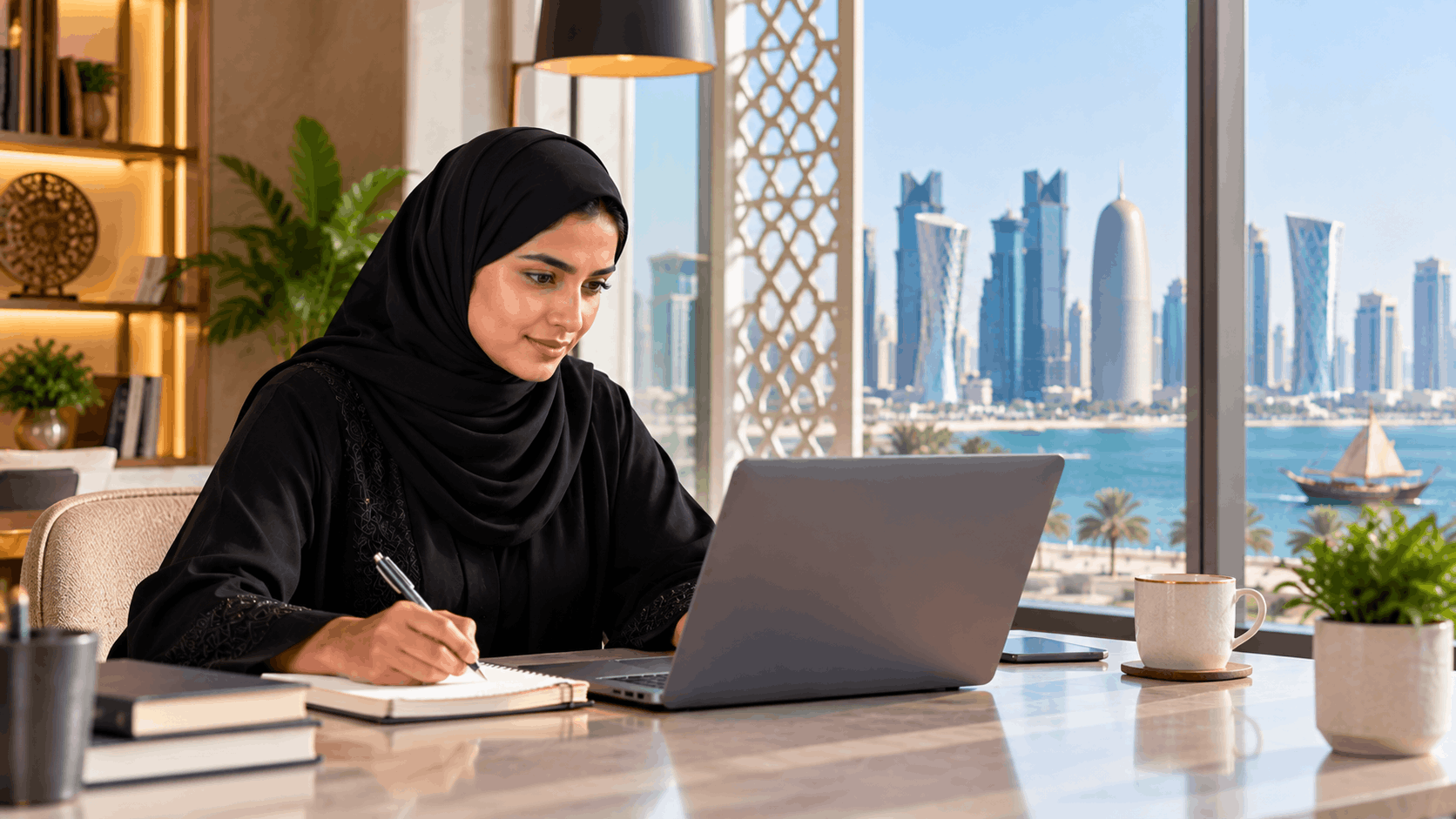 Professional attending live online ISO 14001:2026 Lead Auditor training with a laptop and Doha skyline in the background