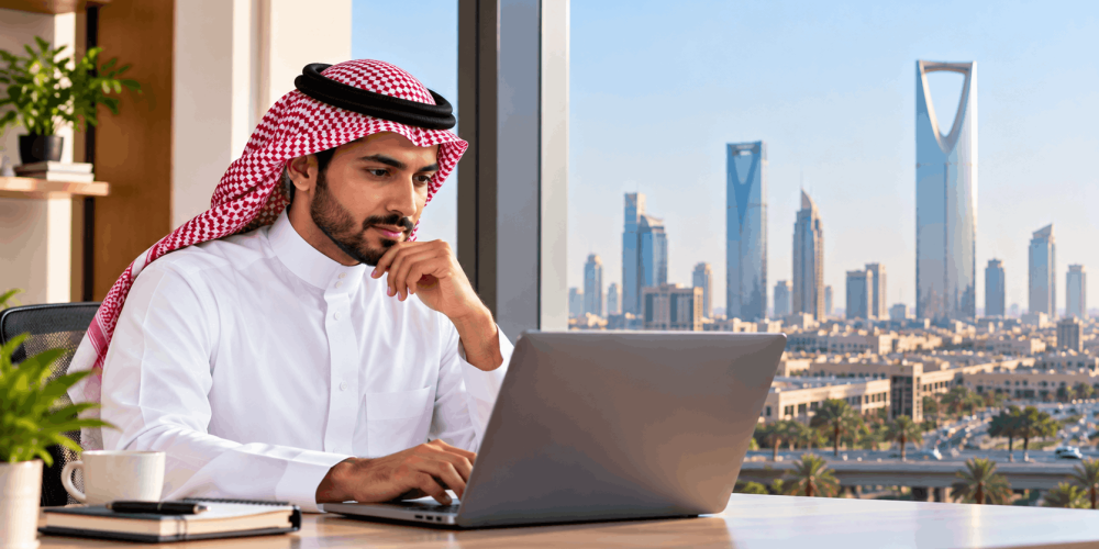 Saudi professional attending live online ISO 14001:2026 Lead Auditor training with the Riyadh skyline in the background