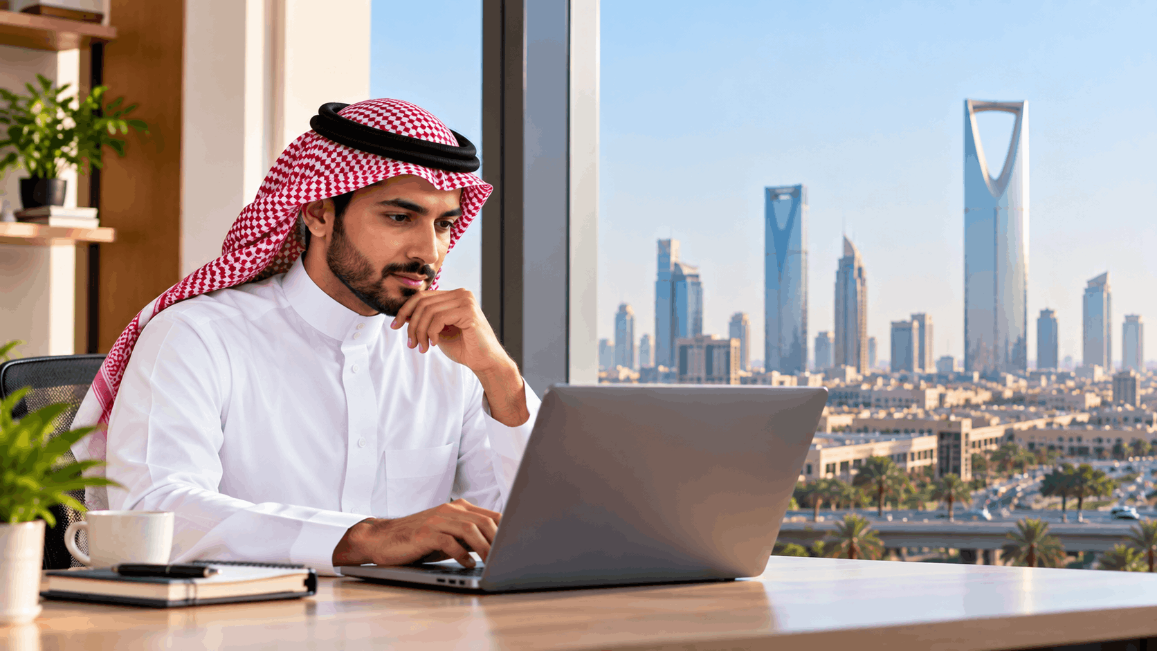 Saudi professional attending live online ISO 14001:2026 Lead Auditor training with the Riyadh skyline in the background