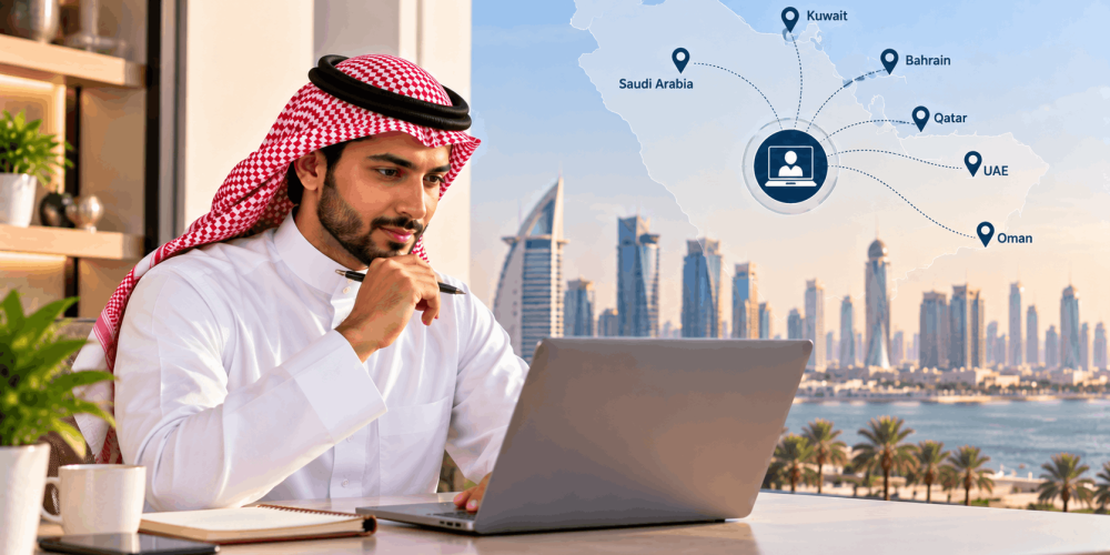 Gulf professional attending live online ISO 14001:2026 Lead Auditor training, with a GCC map connecting candidates across Saudi Arabia, Kuwait, Bahrain, Qatar, UAE and Oman