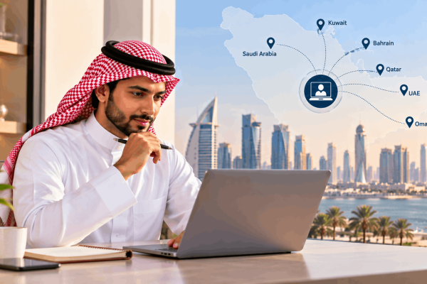 Gulf professional attending live online ISO 14001:2026 Lead Auditor training, with a GCC map connecting candidates across Saudi Arabia, Kuwait, Bahrain, Qatar, UAE and Oman