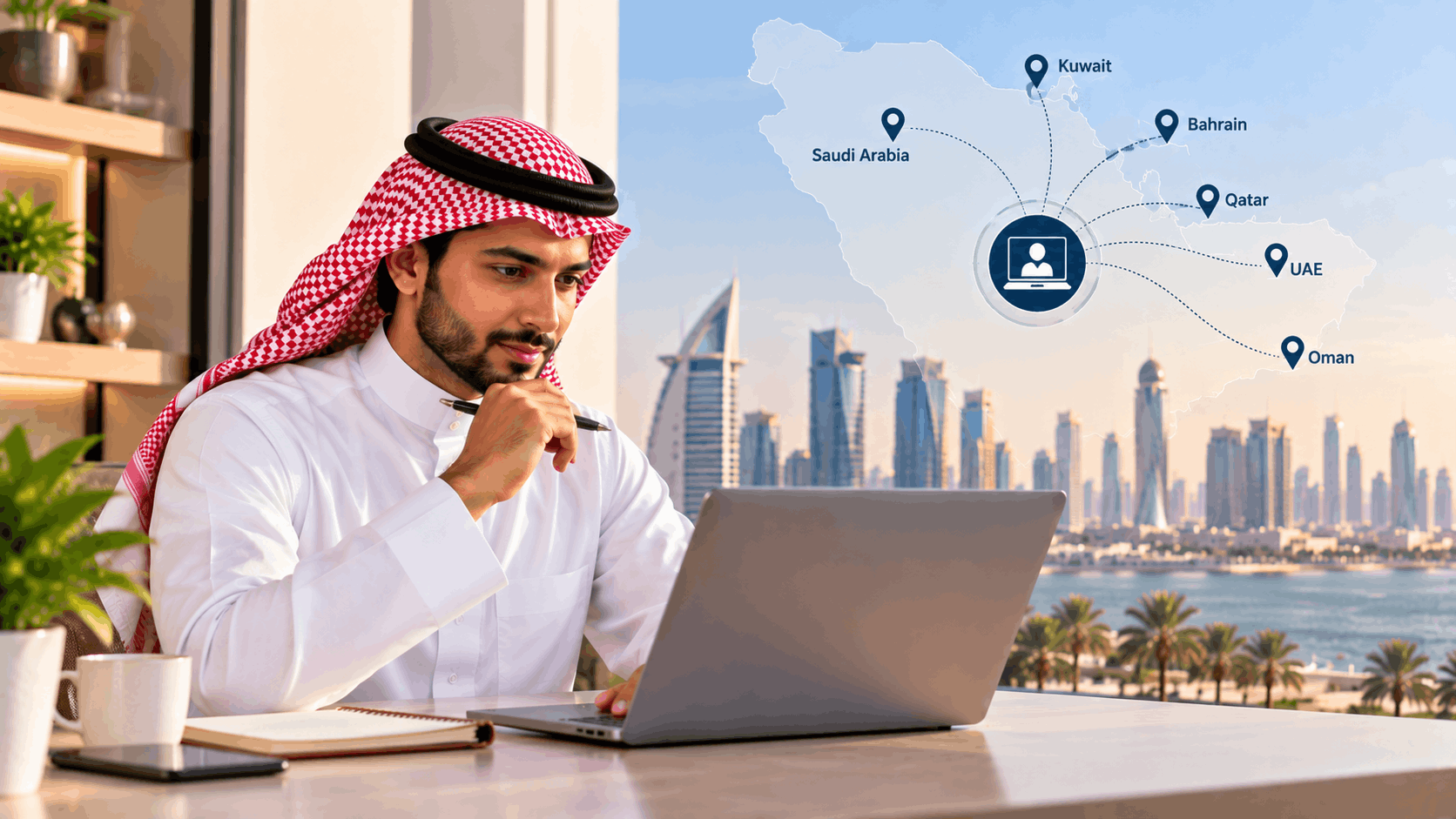 Gulf professional attending live online ISO 14001:2026 Lead Auditor training, with a GCC map connecting candidates across Saudi Arabia, Kuwait, Bahrain, Qatar, UAE and Oman