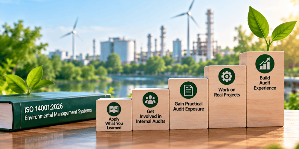 Steps to gain practical audit experience after ISO 14001 Lead Auditor training, including internal audits, real-world projects and applying environmental management auditing skills