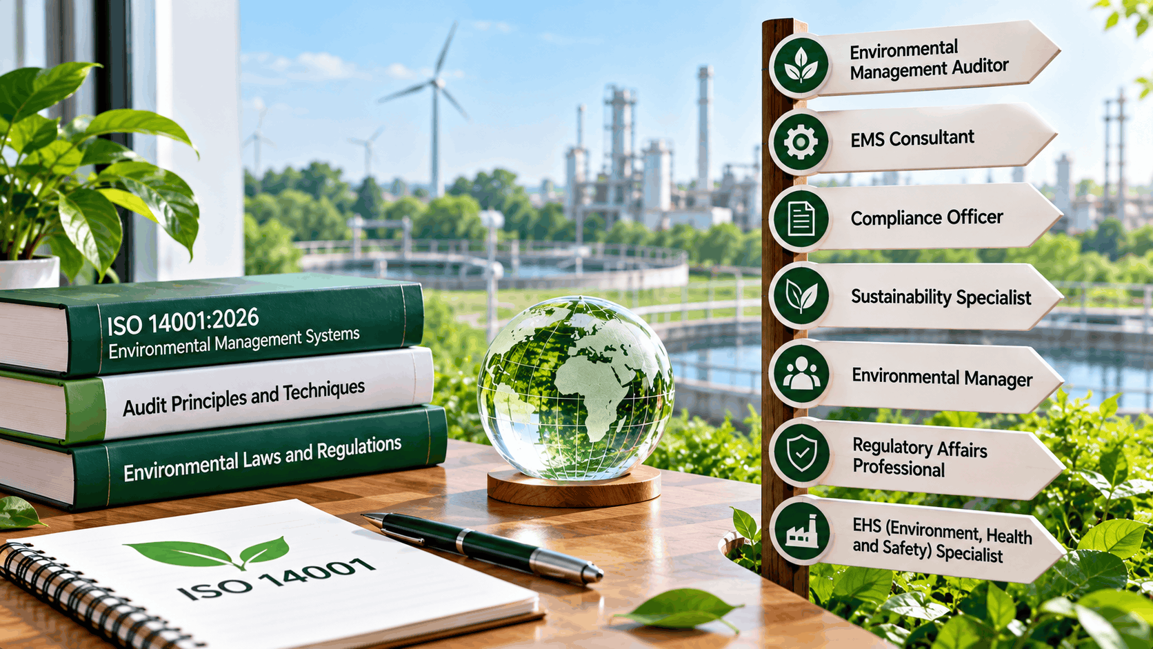 Career opportunities after ISO 14001 Lead Auditor training, including EMS Auditor, Environmental Manager, Sustainability Specialist, EMS Consultant, Compliance Officer and EHS Specialist.