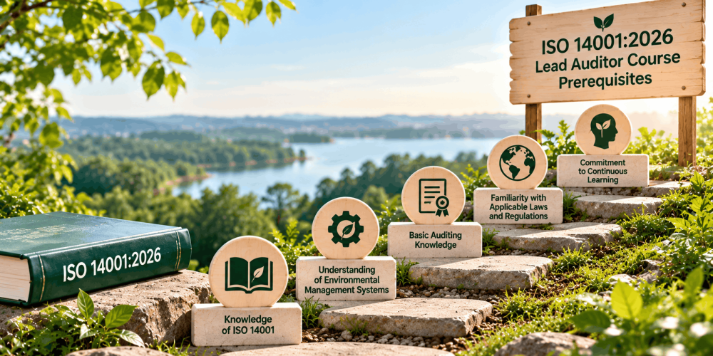 ISO 14001:2026 EMS Lead Auditor course prerequisites illustrated through steps covering environmental management knowledge, auditing basics, legal requirements and continuous learning