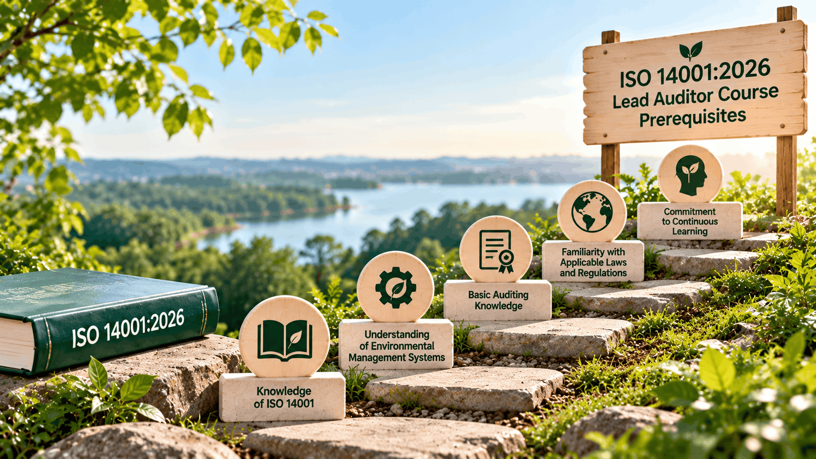 ISO 14001:2026 EMS Lead Auditor course prerequisites illustrated through steps covering environmental management knowledge, auditing basics, legal requirements and continuous learning