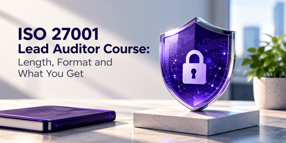 ISO 27001 Lead Auditor Course length, training format and learning benefits illustrated with a purple cybersecurity shield and padlock in a modern professional setting
