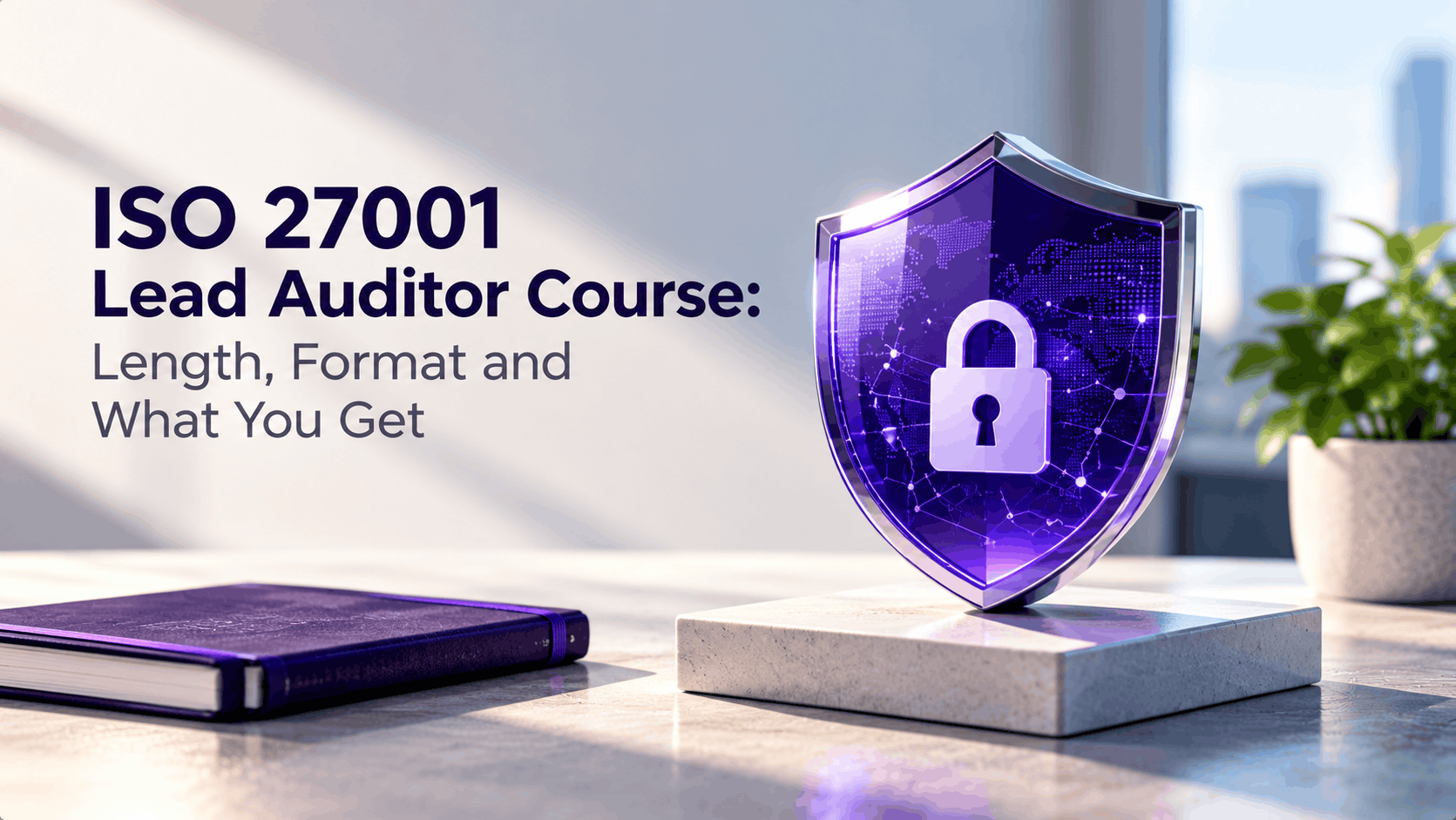 ISO 27001 Lead Auditor Course length, training format and learning benefits illustrated with a purple cybersecurity shield and padlock in a modern professional setting