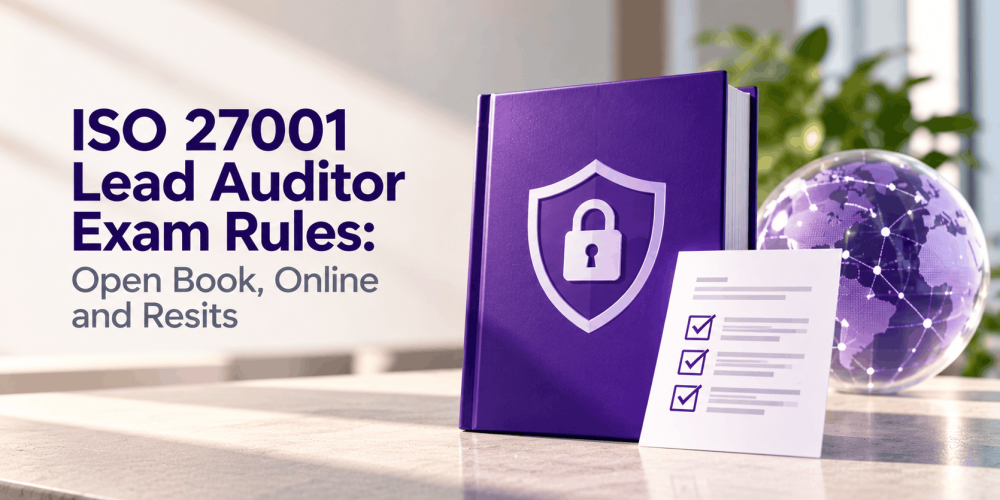 ISO 27001 Lead Auditor exam rules covering open-book exams, online assessments and resit options, illustrated with a purple security manual, checklist and digital globe