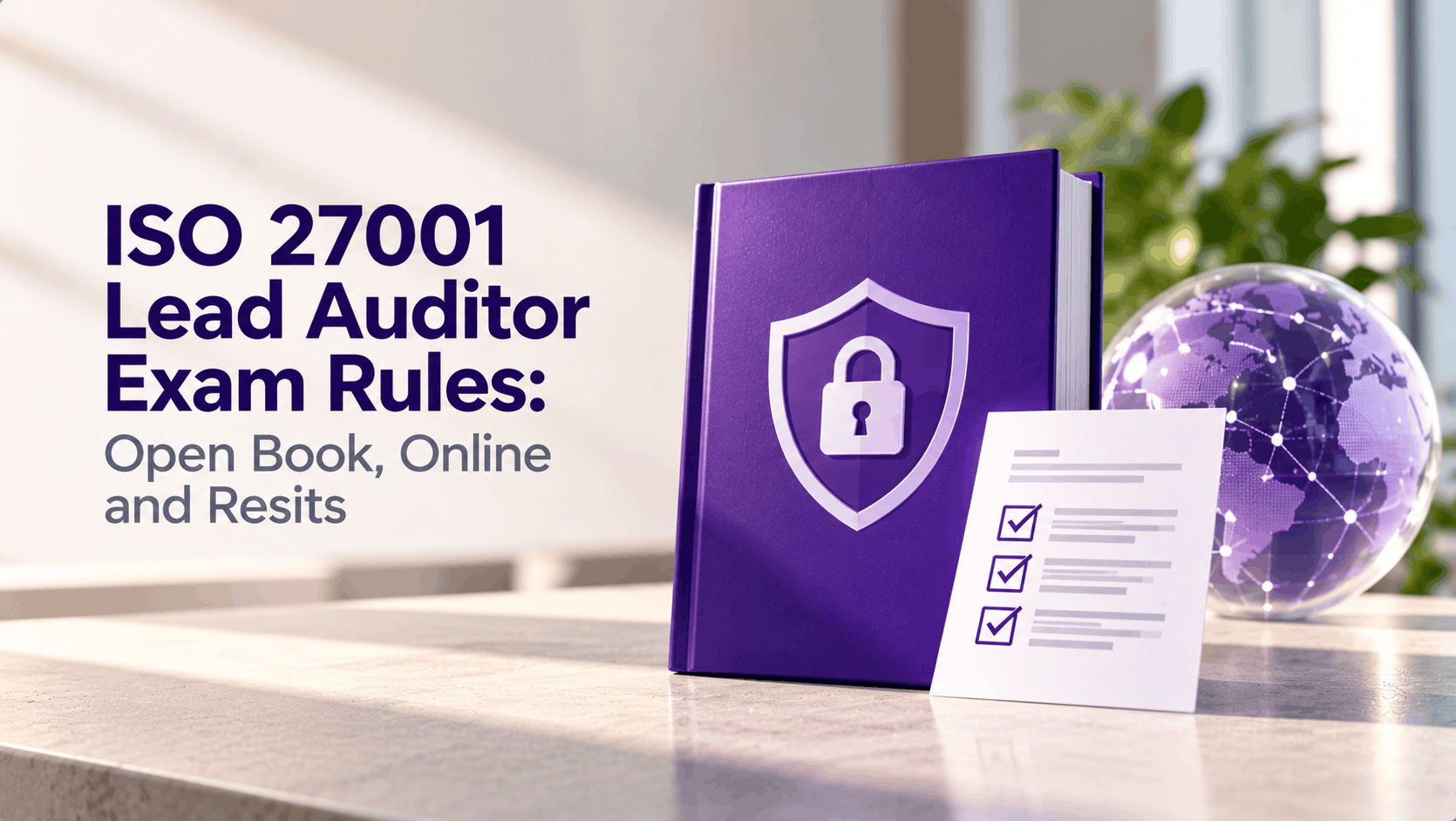 ISO 27001 Lead Auditor exam rules covering open-book exams, online assessments and resit options, illustrated with a purple security manual, checklist and digital globe