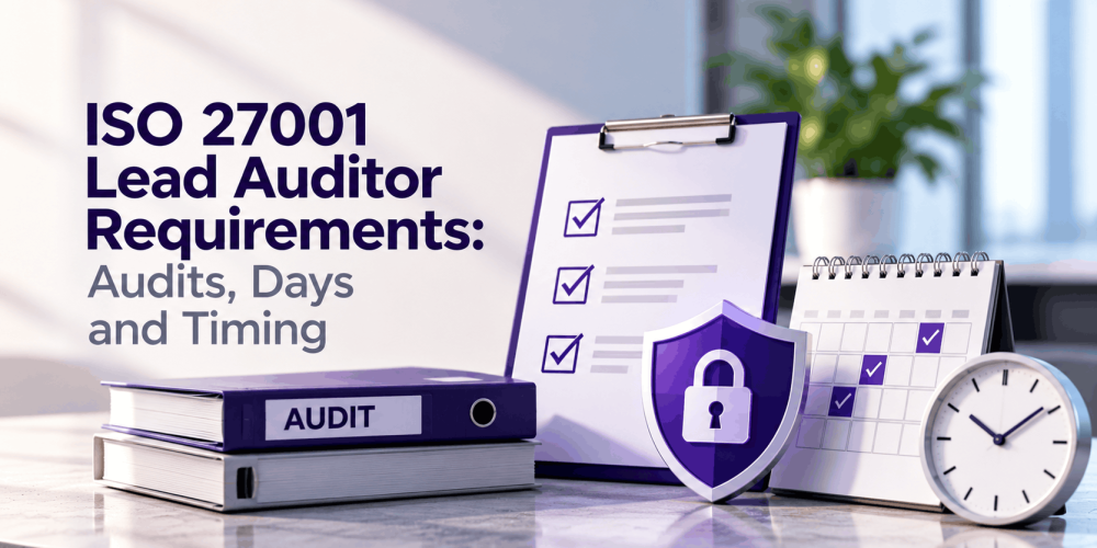 ISO 27001 Lead Auditor requirements for audit experience, audit days and timing, illustrated with an audit checklist, calendar, clock and purple information security shield
