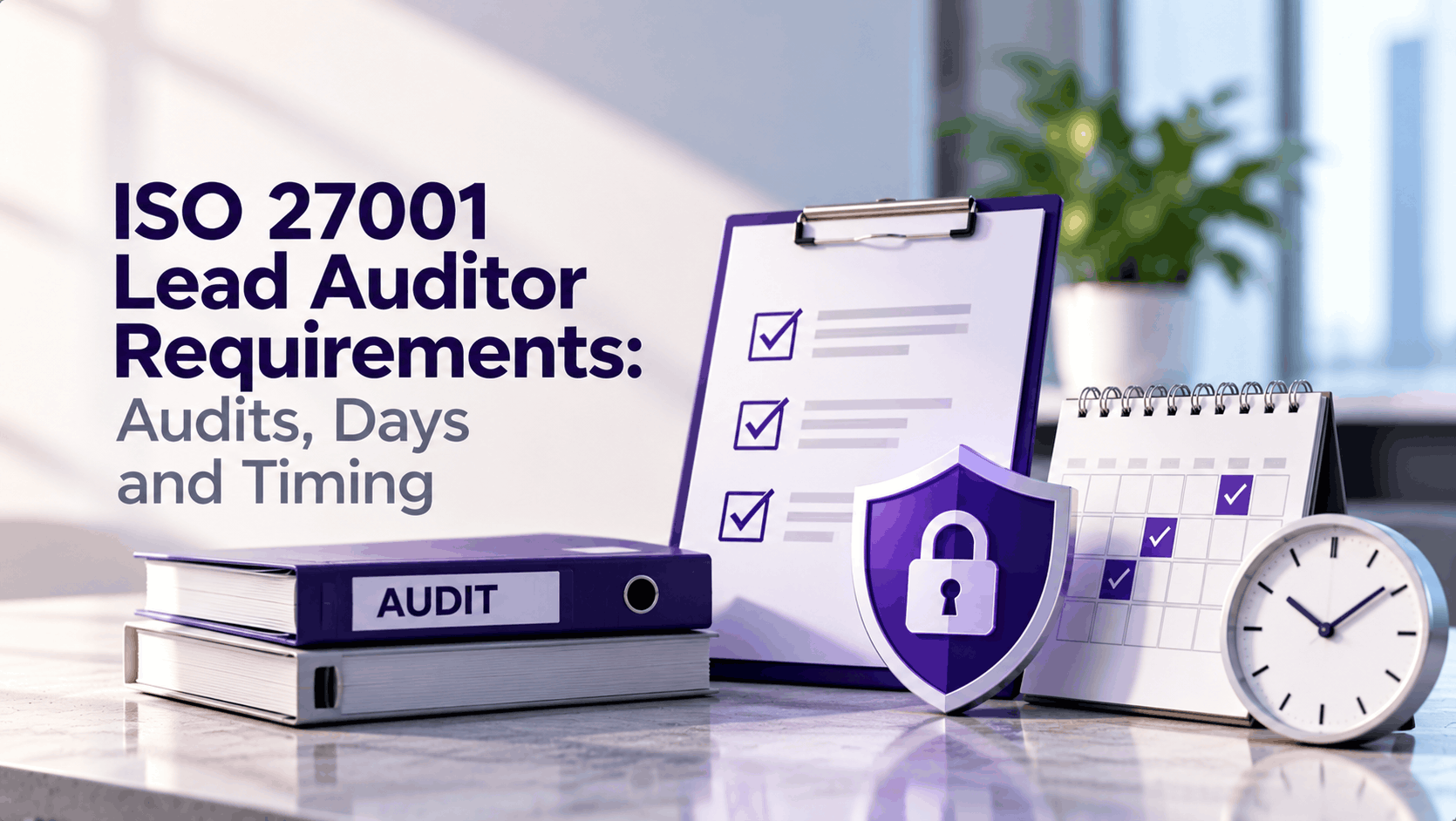 ISO 27001 Lead Auditor requirements for audit experience, audit days and timing, illustrated with an audit checklist, calendar, clock and purple information security shield