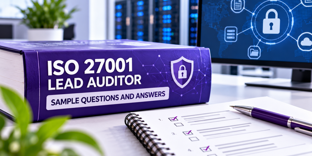 ISO 27001 Lead Auditor sample questions and answers featuring a purple study guide, practice answer sheet, and cybersecurity background with information security symbols