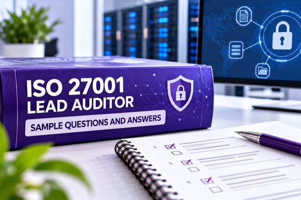 ISO 27001 Lead Auditor sample questions and answers featuring a purple study guide, practice answer sheet, and cybersecurity background with information security symbols