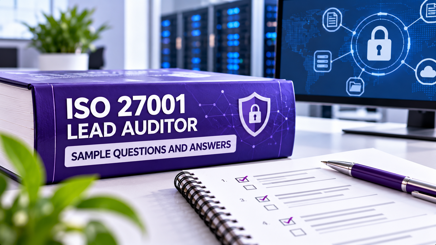 ISO 27001 Lead Auditor sample questions and answers featuring a purple study guide, practice answer sheet, and cybersecurity background with information security symbols
