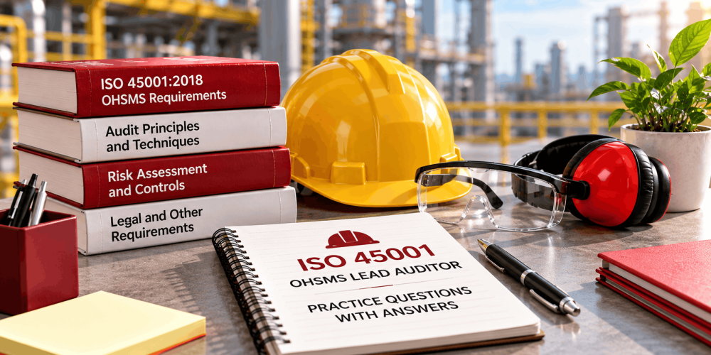 ISO 45001:2018 OHSMS Lead Auditor practice questions with answers, featuring study materials, safety helmet, protective equipment and audit preparation resources
