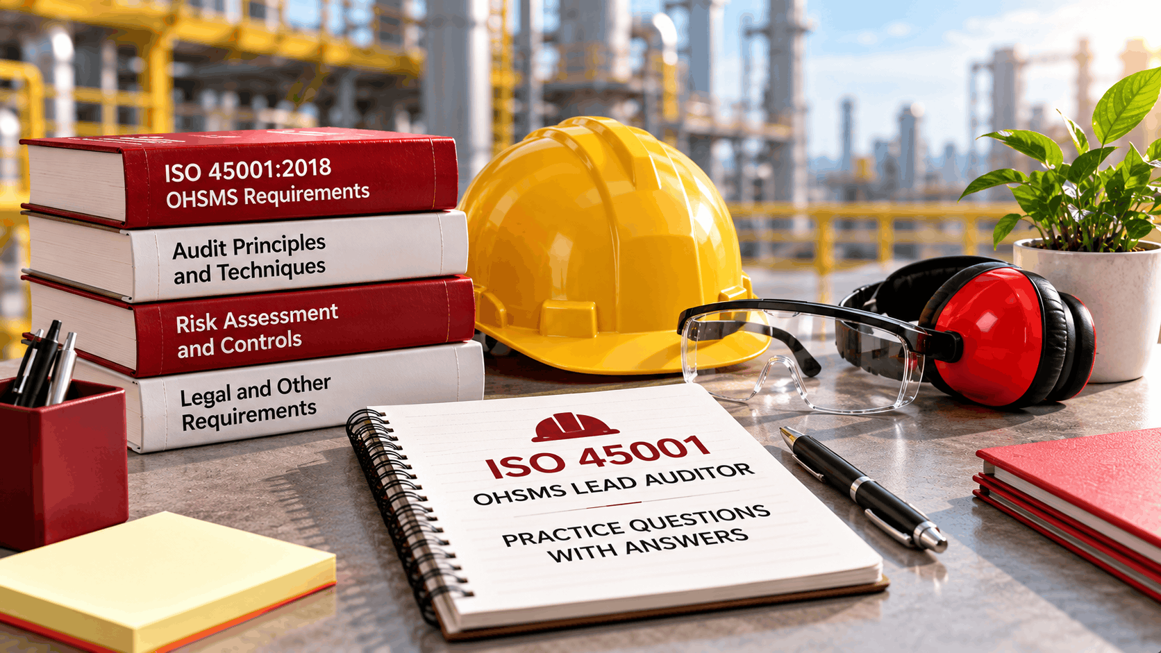 ISO 45001:2018 OHSMS Lead Auditor practice questions with answers, featuring study materials, safety helmet, protective equipment and audit preparation resources
