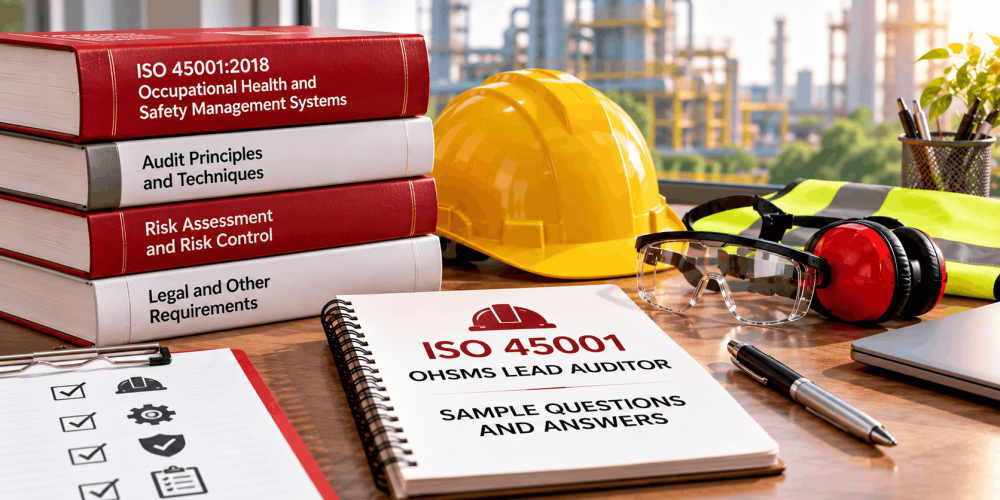 ISO 45001:2018 OHSMS Lead Auditor sample questions and answers study materials with safety helmet, protective equipment, audit checklists and reference books