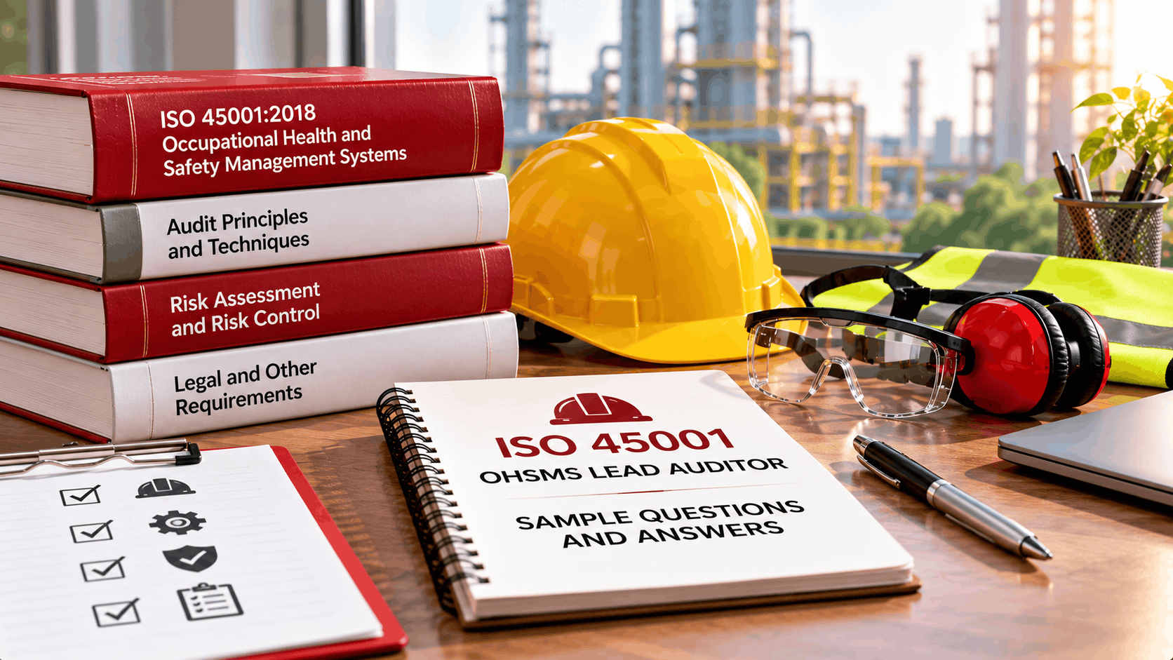 ISO 45001:2018 OHSMS Lead Auditor sample questions and answers study materials with safety helmet, protective equipment, audit checklists and reference books