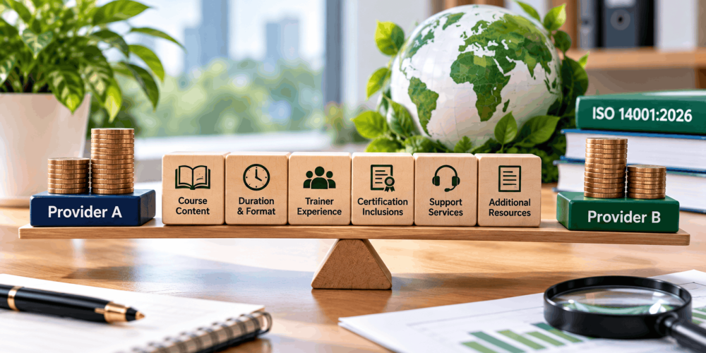 Comparison of ISO 14001:2026 EMS Lead Auditor training providers, showing differences in course content, duration, trainer experience, certification, support services and additional resources