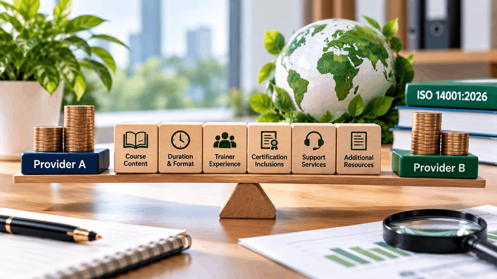 Comparison of ISO 14001:2026 EMS Lead Auditor training providers, showing differences in course content, duration, trainer experience, certification, support services and additional resources